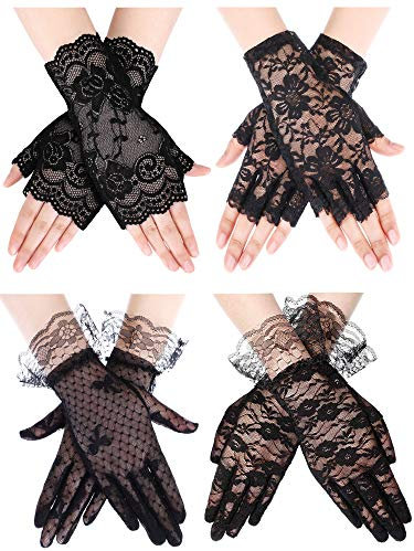 Geyoga 4 Paar Fingerlose Spitzenhandschuhe Damen Teeparty Handschuhe Blumen Kurze Handschuhe Braut Opernhandschuhe für Hochzeit Halloween Party (Schwarz)