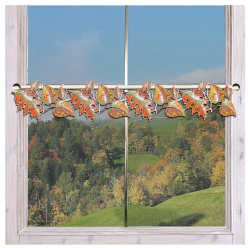 Feenhaus-Scheibengardine Herbst-Laub | feine Bunt-Stickerei Plauener Spitze | hochwertige Spitzengardine Bunte Blätter in Herbstfarben | Mini-Scheibenhänger Goldener Herbst | 14cm hoch, viele Breiten