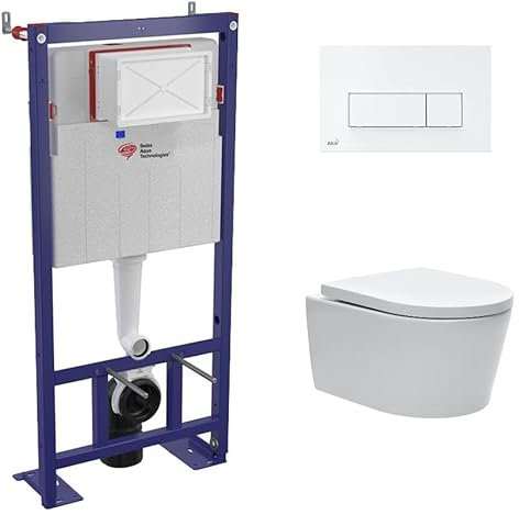 Pack Swiss Aqua Technologies WC suspendu complet Smart-SATrimless-4 | Toilette sans bride fixation invisible | Bâti-support autoportant robuste | Abattant softclose | Plaque de commande élégante