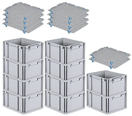 PROREGAL SparSet 10x Eurobox NextGen Grip mit Auflagedeckel & 4 blauen Schiebeschnappverschlüssen, HxBxT 22x30x40cm, 20 L, Grau, Griffe geschlossen, Eurobehälter, Transportbox