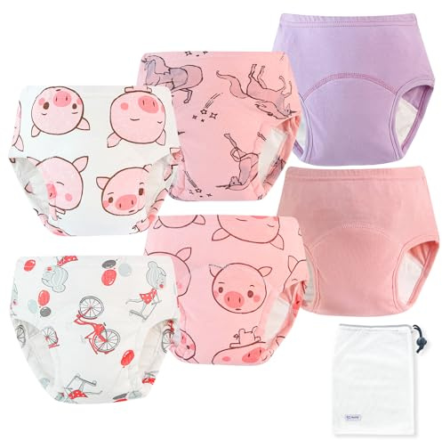 EZ Moms 6 Packs Potty Training Underwear for Girls 100% Cotton Absorption Padded Toddler Training Underwear Girls 3T Leakproof Reusable Kid Confident Toddler Panties Pee Pants with Potty Sticker Chart