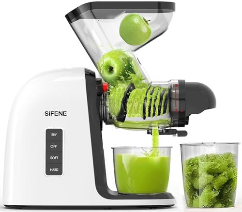 SiFENE Slow Masticating Juicer Machine, Dual 3 Wide Mouth, Anti-Clog Function, Wheatgrass, and Fruit Juice Extractor Maker. Easy to Clean & Non-BPA, White