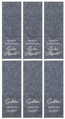 Brandsseller 6er Set Bestecktasche Filz mit Spruch - Hellgrau