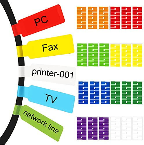FXHDC-M 240 Pcs 8 Colours Cable Labels - Tear Resistant Self-Adhesive Identification Tags - Waterproof Wire Cord Label Stickers for Marking & Organizing Cables in Office, Home, School