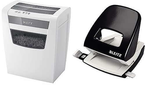 Leitz IQ Home Office Aktenvernichter, 10 Blatt Kapazität, Partikelschnitt, weiß, 80090000 & Büro Locher aus Metall, Für 30 Blatt, Anschlagschiene mit Formatangaben, Markt, schwarz
