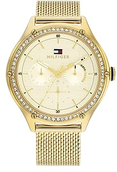 Tommy Hilfiger Analogue Multifunction Quartz Watch for Women with Gold Colored Stainless Steel Mesh Bracelet - 1782655