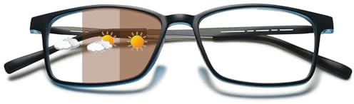 Lanomi Gafas de lectura fotocromáticas para hombre y mujer, filtro de luz azul, ayuda de lectura rectangular, protección UV, flexible, pantalla completa, gafas de sol con intensidad visual