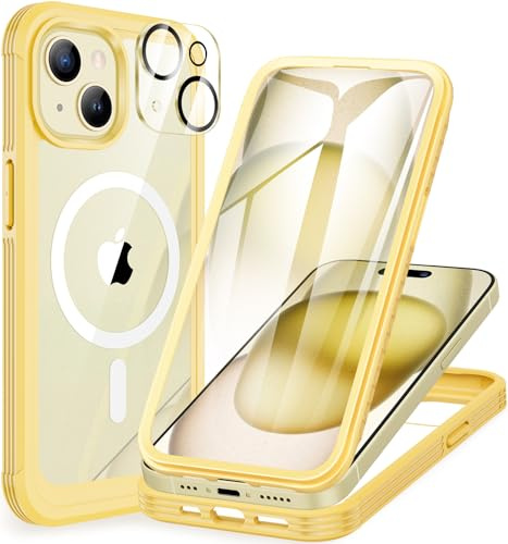 CENHUFO für iPhone 15 Hülle, Kompatibel mit MagSafe Eingebautem Panzerglas Displayschutz und Kamera Schutzfolie 360 Grad Schutzhülle Stoßfest Cover Case Magnetisch Handyhülle iPhone 15 - Gelb
