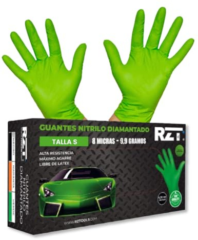 RZ TOOLS Guantes De Nitrilo Desechables Verdes De 100 Uds Guantes De Nitrilo Extra Gruesos Con Textura Diamante | Guantes Para Taller Y Montaje De Alta Resistencia Desechables | Tamaño S