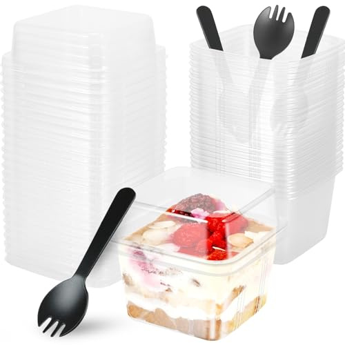 50PCS 8oz Plastic Dessert Cups with Lids and Forks Reusable Cheesecake Pots Clear Parfait Appetizer Cup Square Single Dessert Box Sealed Cake Storage Box for Muffins Cupcake Pudding Mousse Party