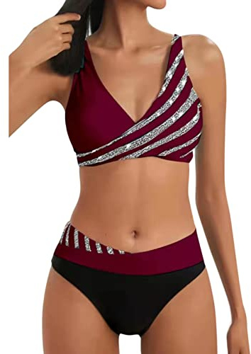 Damen Bikini Set Elegante Zweiteilige Bademode Zweiteiliger Push Up Sexy Farbblockdruck mit Brustpolster Swimsuit Set (0218#A-Wine, XL)