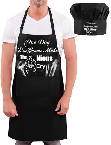 Kalolary Lustiges Schürzen-Hut-Set für Herren, schwarze Schürze mit Taschen, verstellbarem Nackenband und langen Taillenbändern für Küche, Kochen, Grillen, Geburtstag, Vatertag, Geschenke für Ehemann,