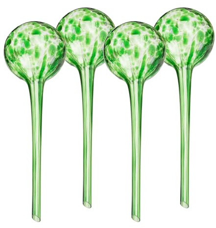 Relaxdays Watering Globes Glass, Set of 4, H x D: 30 x 9 cm, Watering Balls for Plants, Watering Aid Holiday, Green