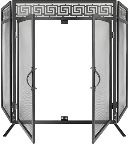 Nouetele Kaminschutzgitter aus Stahl, 3 Paneele, mit Türen, robust, hitzebeständig und rostfrei, dekoratives Netz (schwarzes Finish, 81,3 cm Höhe)