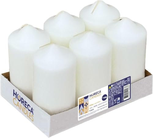 Horeca Candles - Candele a Colonna Avorio - Ø 6 x 12 cm - Set da 6 Candele Decorative - Lunga Durata 40 Ore - Cero Inodore - Cera di Paraffina