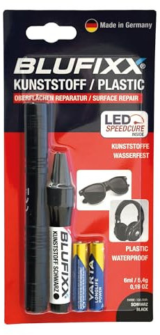 BLUFIXX-Pro Set Kunststoff Schwarz - PRO-EDITION 2024 - Reparaturstift für Plastik, Bohrlöcher, abgeplatzte Kanten und Risse, Lichthärtendes Gel mit LED Licht