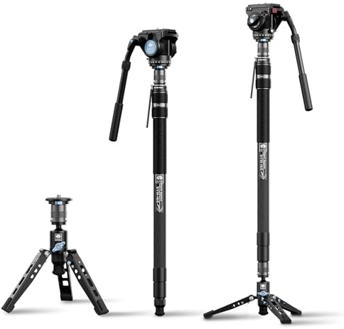 SIRUI SVM-165 Carbon Fiber Camera Monopod with Feet, 68.7 Professional Lightweight Travel Monopod with Fluid Video Head for DSLR Camera, One-Step Height Adjustment, Modular, Max Load 22lbs