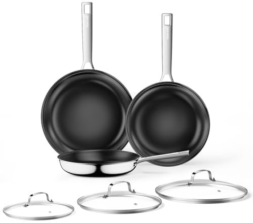Innerwell Sartén Cerámica con Tapa 20+24+28 cm, Sartén Grande de Inducción con Cerámico de Titanio Antiadherente, Juego de sartén de Acero Inoxidable, Sin PFAS y PFOA