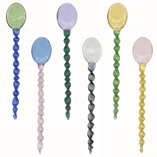 TMXAOK 6 Pieces Glass Stirring Spoons Clear Crystal Coffee Cocktail Mixing Spoon Teaspoons with Spiral Handle Salt Sugar Ice Cream Yogurt Jam Dessert Scoop Swizzle Stick Stirrer for Bar Cafe Party (C)