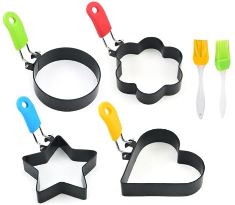 Hinapan 4 stampi per uova fritte, con 2 spazzole in silicone, stampi per uova con manico pieghevole anti-scottatura, anelli per uova in acciaio inox, rivestimento antiaderente, per pancake,