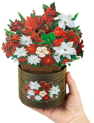 Biglietti di auguri pop-up con secchio di ferro a forma di stella di Natale, con bouquet di fiori di carta, con biglietto vuoto e busta, regalo ideale per festeggiare amore, compleanno, anniversario,