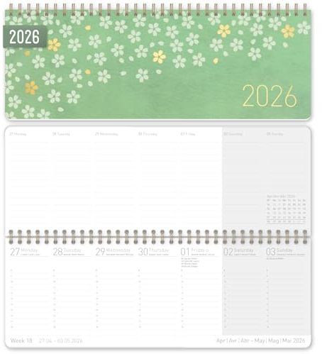 Häfft® Internationaler Tischkalender 2026 quer 'Spring Blossoms' 1 Woche 2 Seiten, Wochenkalender 29,8 x 11,6 cm, mehrsprachiges Kalendarium - nachhaltig und klimafreundlich
