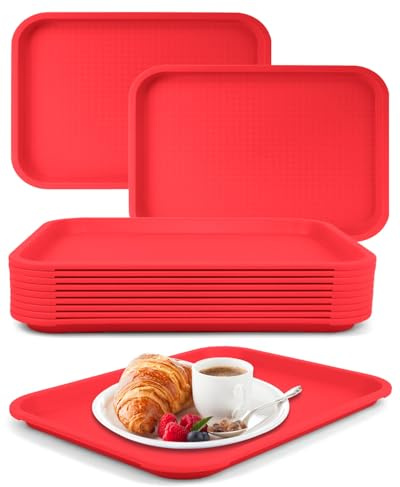 Plastic Serving Trays, 12 Pack Food Service Trays Restaurant Serving Trays Fast Food Tray for Coffee Table, Kitchen, Party,13.8 X 10.6 Inches (Red)