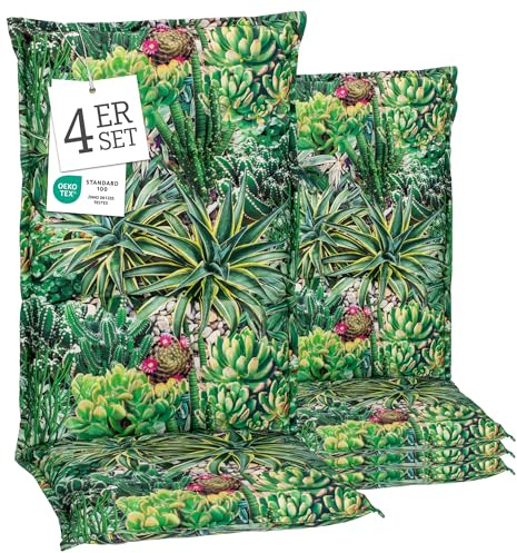 Beo® Turin Hochlehner Gartenstuhl-Auflagen 4er Set | Waschbar, Öko-Tex Standard | Atmungsaktive, UV-beständige Sitzkissen für Gartenmöbel | Extra Dicke Polsterauflagen