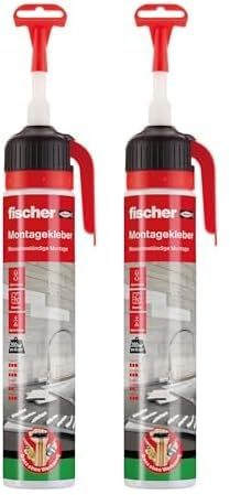fischer Montagekleber, Klebstoff in Weiß, Flüssigkleber, super starker Halt, innen und außen vielseitig einsetzbar, klebt Stein, Beton, Emaille, Keramik, uvm., 300 g (Packung mit 2)