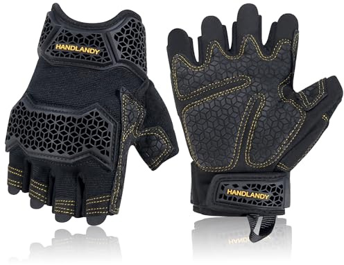 HANDLANDY Fingerless Work Gloves for Men, Padded Tactical Mechanics Gloves, Grip Utility Trucker Driver Gloves (Black-Impact, Medium (Pack of 1))