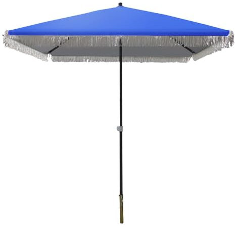Ombrellone da esterno con frange blu, 2 x 2 m, ombrellone da spiaggia portatile per balcone, giardino, piscina, bar, mercato, elegante parasole con nappe