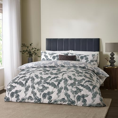 furn. Set copripiumino Hoem Lauro - Biancheria da letto reversibile in misto cotone con motivo a foglie botaniche (Dusk - King)