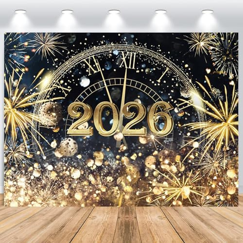 ASDCXZ Toile de Fond de Bonne Année 2026 2.5x1.8m, Feux d'artifice Horloges Noir Or Nouvel an Fond de Photographie Vinyle Tissu Réveillon Festival Famille Célébration Fête Décorations Bannière