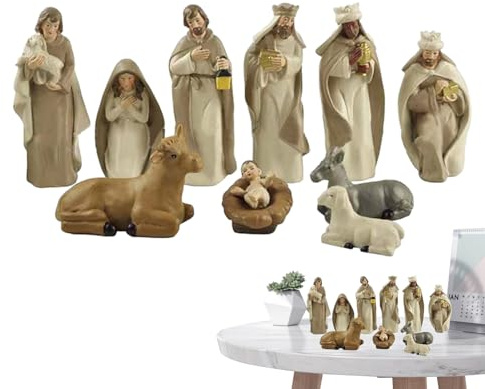 Handmade Nativity Scene Birth Jesus Christ Wooden Stable, House Sculpture Christmas Tabletop Scene Character Set, Small Religious Christmas Decorations, 10pcs Figures
