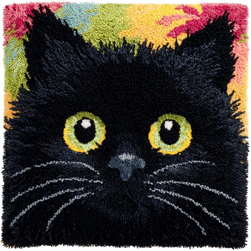 ORLUMY Latch Hook Kits Pillow Black Cat DIY Pre-Printed Craft Latch Hook Rug Kits Cross-Stitch Embroidery Pillow Cover Kit for Gifts Home Sofa Decoration 43X43Cm