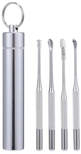LALADEFIEE Ohrreinigungsset oder Schlüsselanhänger für Unterwegs im Handtasche aus Edelstahl mit 4 Spiralförmigen Ohrpicks Komfortabler Griff und Praktische Aufbewahrung