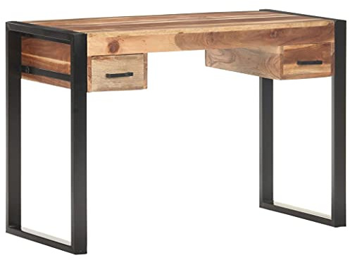 Yunovire Skrivbord 110 x 50 x 76 cm, massivt trä akacia & gummiträd, stålram, 2 lådor, för dator, kontor, spel, hemmakontor