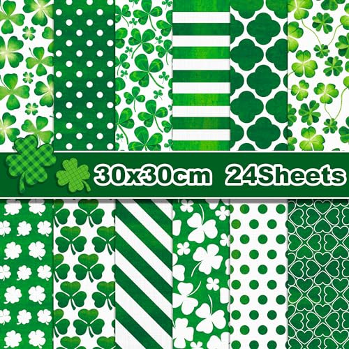 24 fogli di carta verde per scrapbook Craft Origami Journal, motivo quadrifoglio, 12 disegni su entrambi i lati, 30 x 30 cm