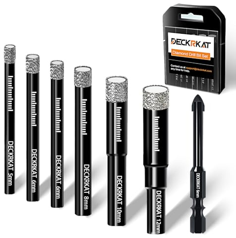 DECKRKAT 7-Piece Dry Diamond Drill Bits & Carbide Tile Drill Bit Set for Tile,Ceramic,Marble,Porcelain,Glass & Granite- 5mm, 6mm(x2), 8mm, 10mm, 12mm + 6mm Masonry Bit.
