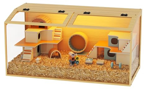 BingoPaw Wooden Hamster Cage with Tempered Glass Chewproof XL(100x50x50cm) | Wood Large Hamster Enclosure Habitats with Openable Top, Built-in LED Light for for Dwarf Syrian Hamster, Gerbil, Rats