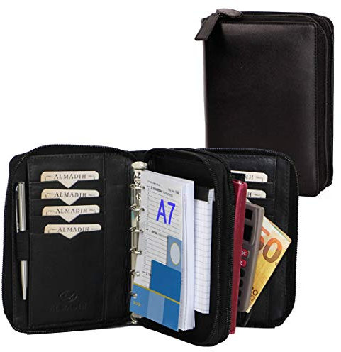 ALMADIH Leder A7 Kombimappe 2 Fächer mit Reißverschluss schwarz Kalender 2026 Notizblock Premium Rindsleder in Geschenkbox Ledermappe Schreibmappe Terminplaner Terminkalender Ringbuchmappe Mappe