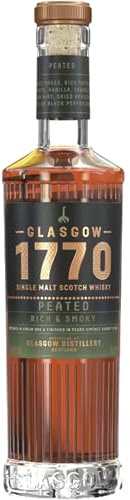 Glasgow 1770 Peated Single Malt Scotch Whisky, 50cl, 46% ABV. A rich & smoky Single Malt Whisky, crafted by smoking the finest barley with aromatic heather-rich peat. Matured in ex-sherry casks