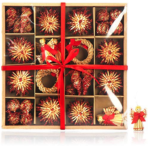 com-four® 56-teiliges Strohsterne Set, verzierte Sterne, Glocken, Tannen | und traditionelle Figuren - kleine Stroh-Anhänger - besonderer Christbaum-Behang - Bauernchristbaumschmuck