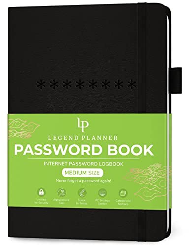 Legend Planner Passwortbuch mit alphabetischen Registerkarten Internet-Adress- und Passwortführer-Logbuch, mittlere Größe, 13 x 19,5 cm, Tagebuch-Notizbuch zur Passwort-Organisation und Speicherung
