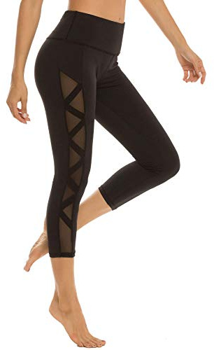 romansong kvinnors nätleggings yogabyxor med ficka, icke genomskinlig capri hög midja magkontroll 4-vägs stretch, Svart-capribyxor, XL