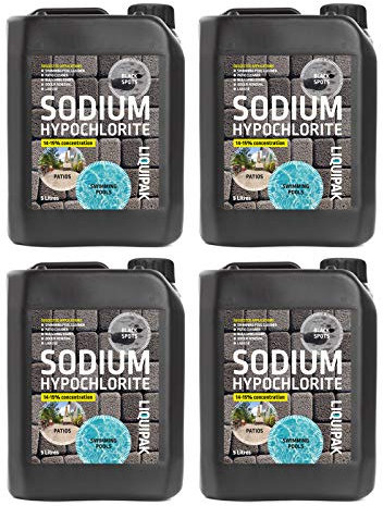 Liquipak Sodium Hypochlorite 20 Litres Patio Cleaner (4x5L) | High Strength 14-15% Concentration | Swimming Pool Liquid Chlorine & Black Spot Remover | Bleach Solution