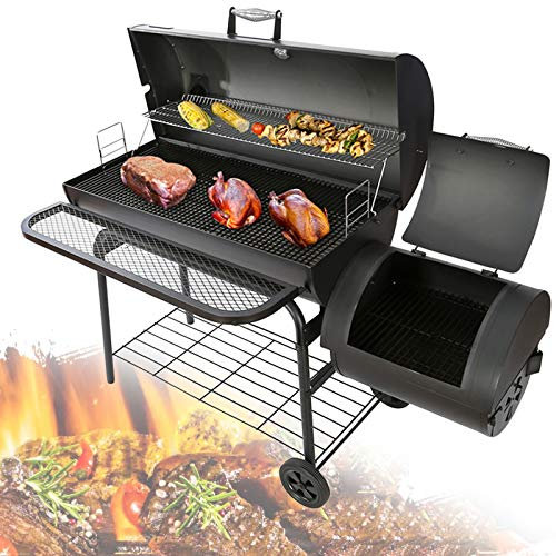 0℃ Outdoor Holzkohlegrill aus Stahl Holzkohle Grillwagen Grillbrett Grill Bratmaschine Freistehende Grills, Holzregale zur Aufbewahrung, Große Regale, Außengrill für 5 Bis 20 Personen