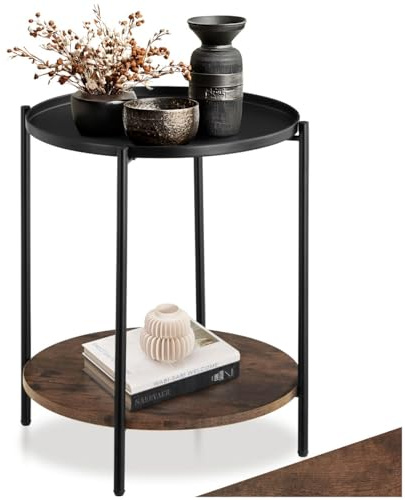 tectake® Tavolino Salotto Tondo 45,5x54,5cm, Tavolino da Divano o Comodino Stretto, Ripiano Vassoio, Soggiorno, Casa, Ufficio per Libri, Lampade, Computer Portatile, Bevande - Legno Industriale Scuro
