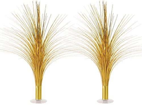 Beistle Metallic Spray Centerpieces - 2-Pack Elegant Gold Table Decorations with Clear Base, Shimmering Foil Sprays for New Year’s Eve, Hollywood Awards Night, Graduation and Celebration Events, 19”