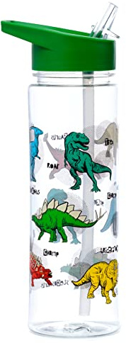 Puckator Dinosauria Dinosaurier Bruchsichere wiederverwendbare Plastik-Wasserflasche mit faltbarem Strohhalm 550ml